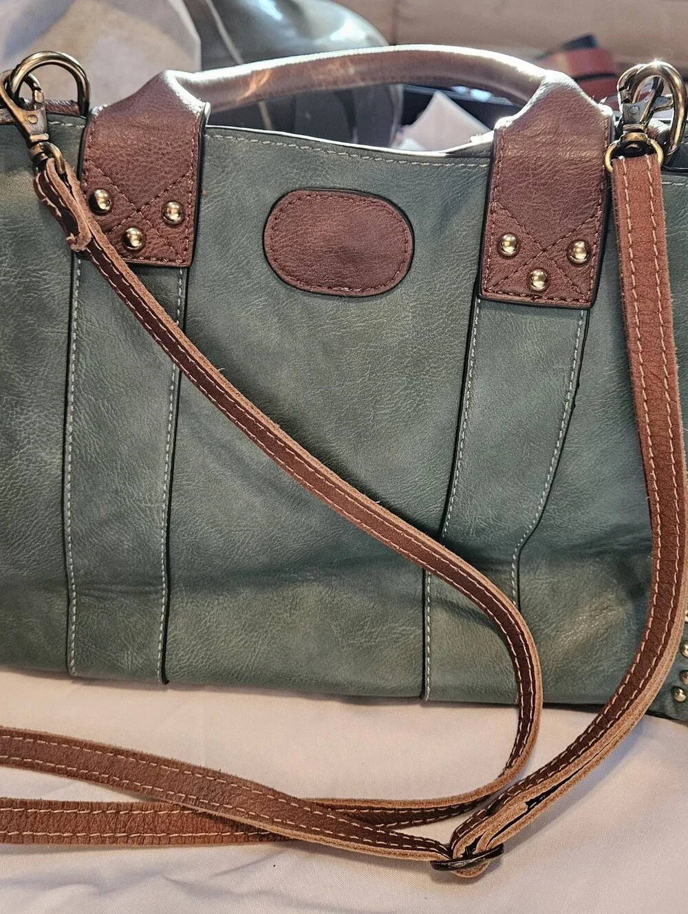 Teal and Brown Studded Satchel Handbag